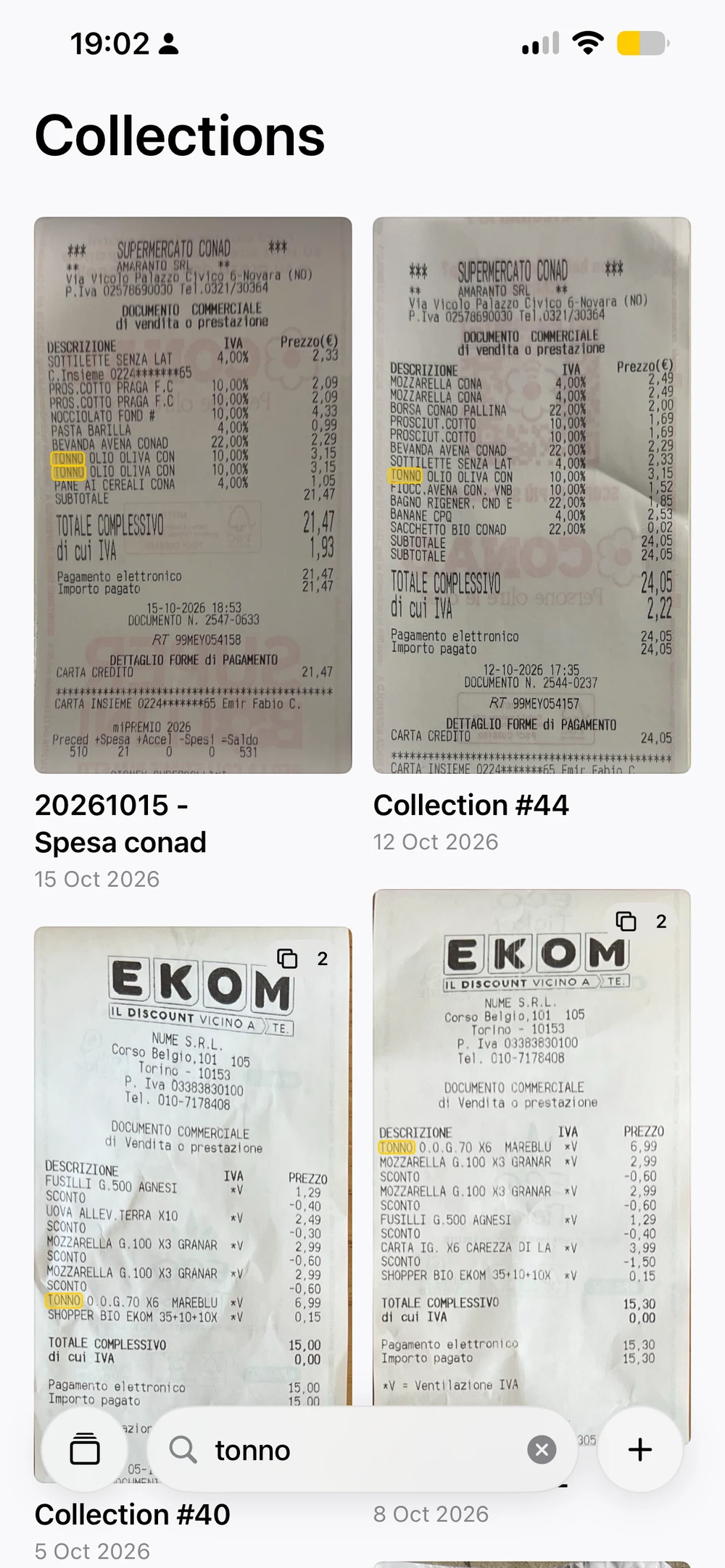 Typ Collections showing scanned receipts with matches for ‘tonno’ highlighted.